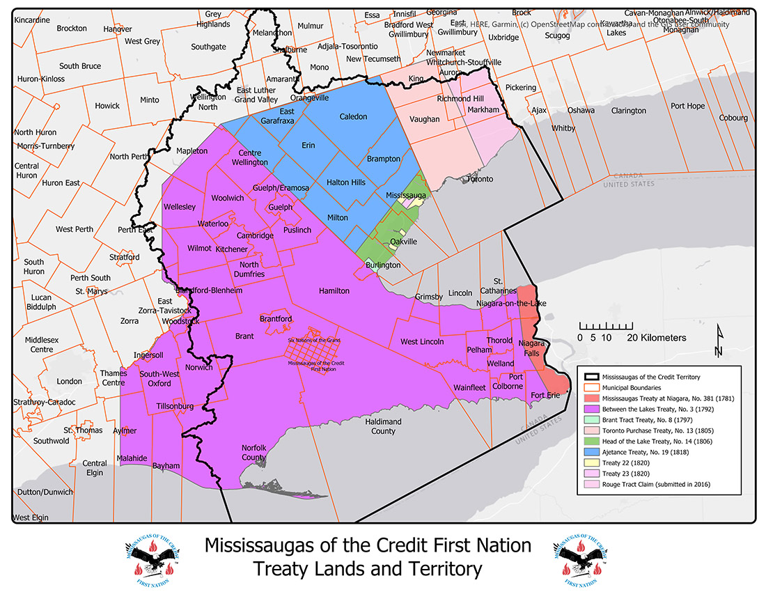 The map shows the borders of the traditional territory of the Mississaugas of the Credit. The map also outlines the treaties made with the Mississaugas of the Credit and the lands each treaty refers to.