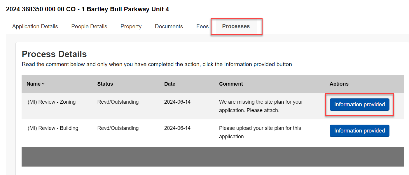 Screenshot #4 of the portal: 'processes' tab and 'information provided' button highlighted;
