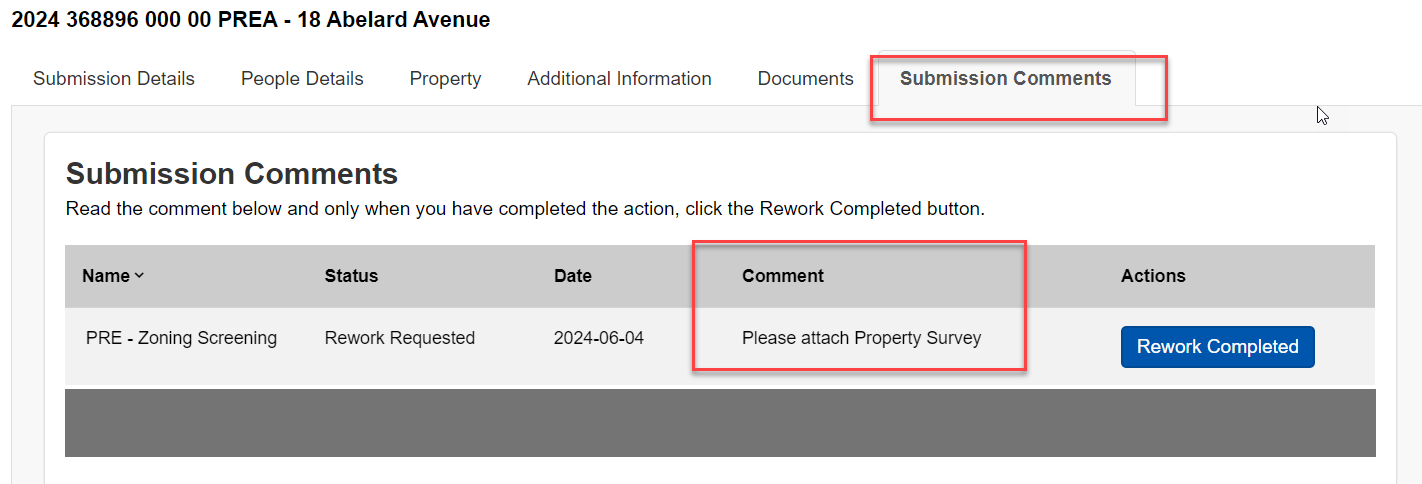 Screenshot #2 of the portal: 'submission comments', 'comment' column and 'please attach property survey' value highlighted;