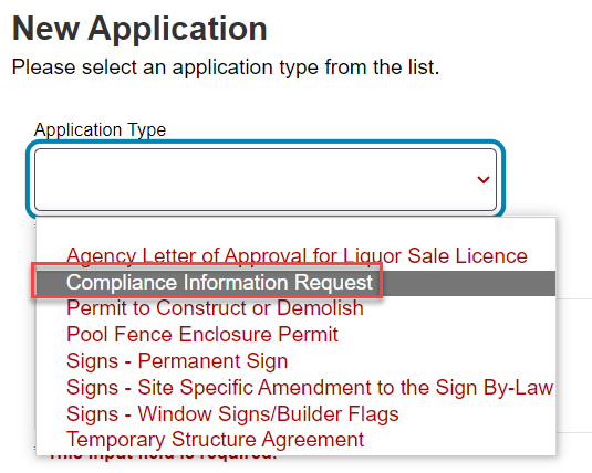 Screenshot of Building Portal: dropdown menu showing Compliance Information Request highlighted
